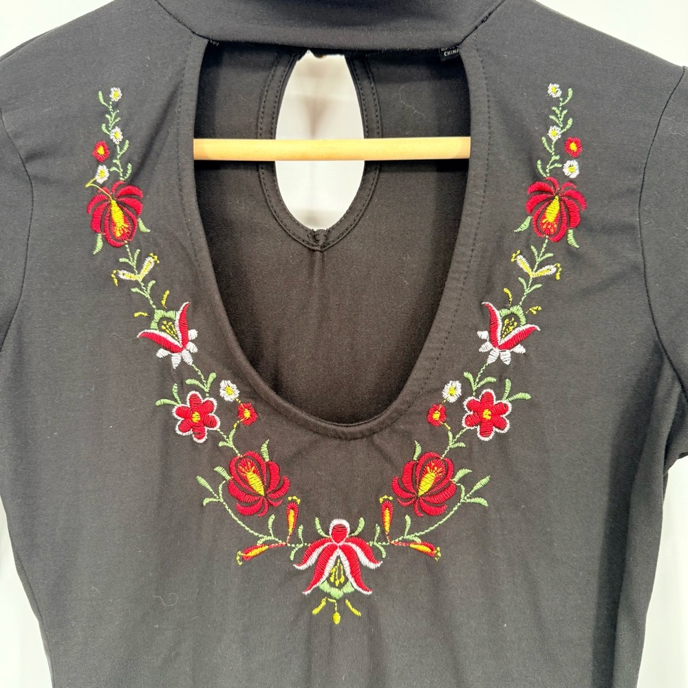 Boho Floral Embroidered Bodysuit Small S Bell Sleeve Hippie Festival WhimsiGoth - Picture 4 of 16